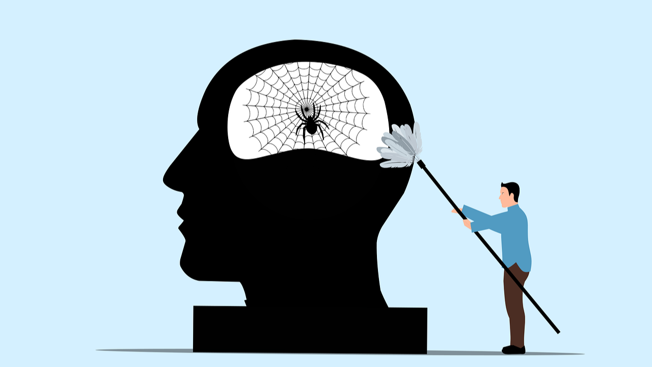 A man reaching the spider web nesting inside a giant head.