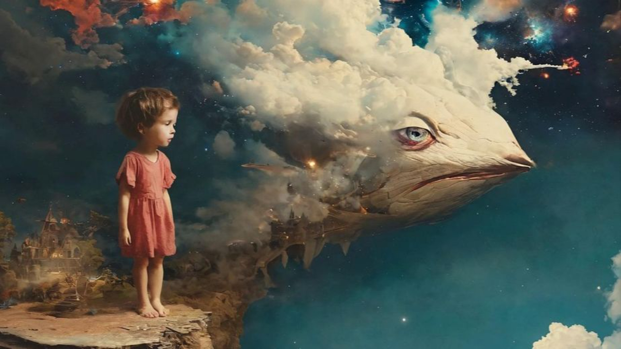 A little girl with bear feet standing at the edge of cliff looking at a scary mind-made illusion.