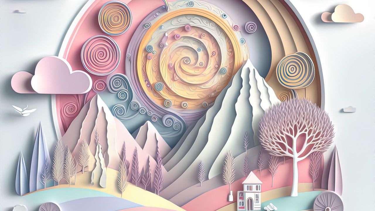 A pastel dreamscape of swirling skies and layered paper-cut mountains surrounding a tiny house on rolling hills.