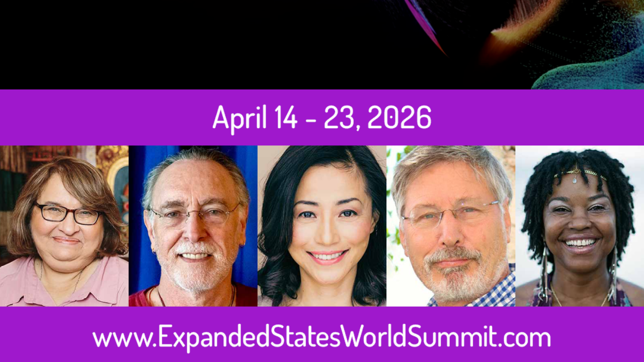 Promo photo for the Expanded States of Consciousness Mega Summit with Saemi's headshot along side Sharon Salzberg and Richard Schwartz