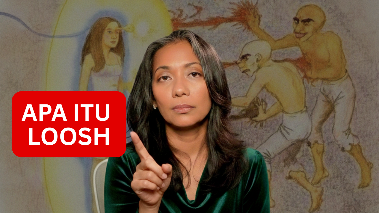 Visual luas yang menggambarkan konsep Loosh, menunjukkan aliran energi antara kekuatan cahaya dan gelap, simbol energi emosional dan kekuatan kehidupan