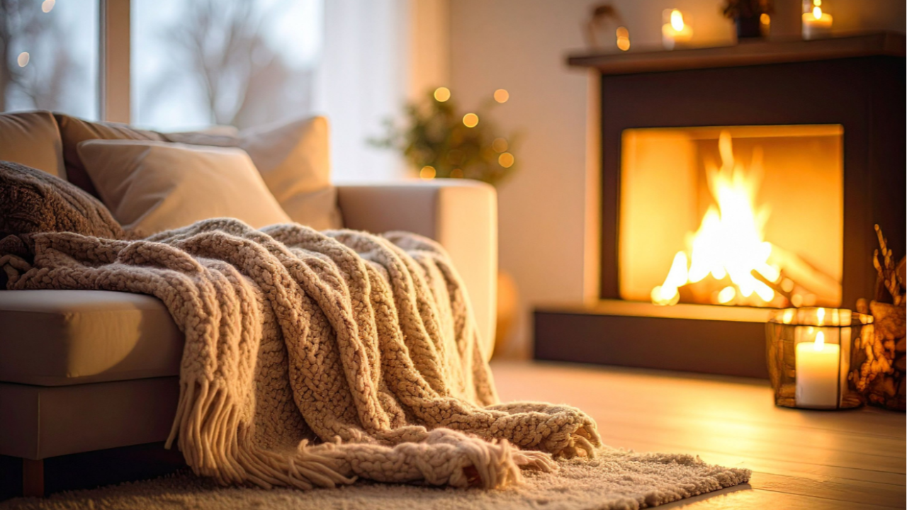 A cosy living room with a plush sofa, a warm fireplace, and soft candlelight