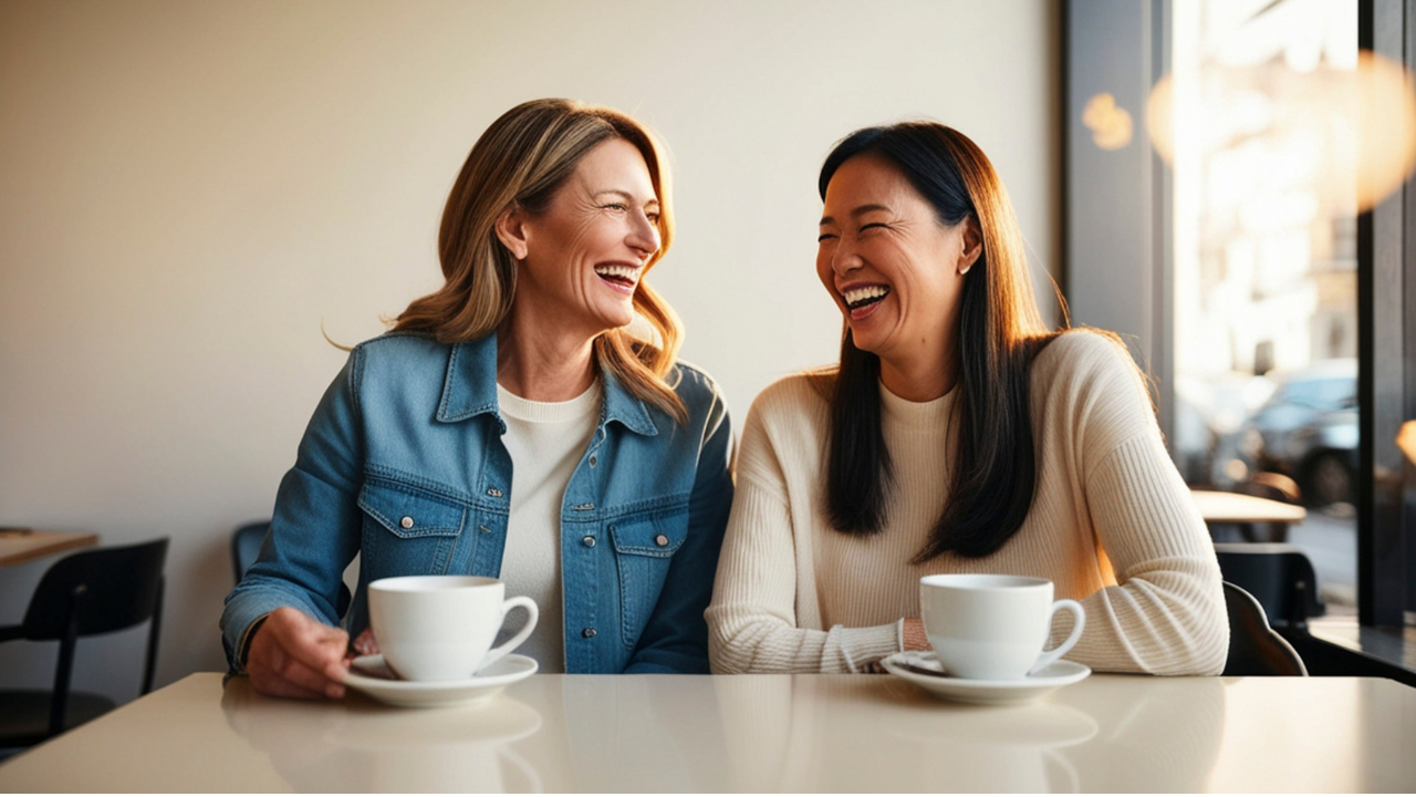 Two women smiling over coffee in a café, sharing a genuine, meaningful conversation that reflects connection over busyness