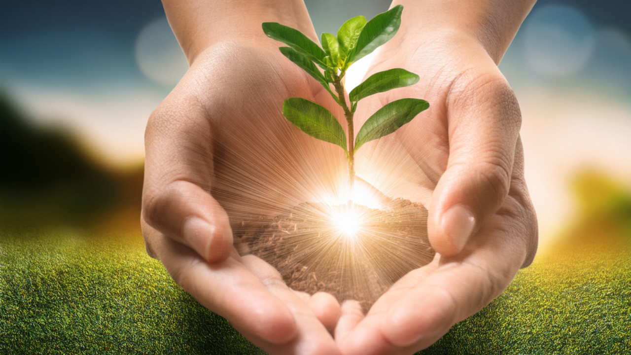 Hands holding a small green sprout symbolising new growth and life