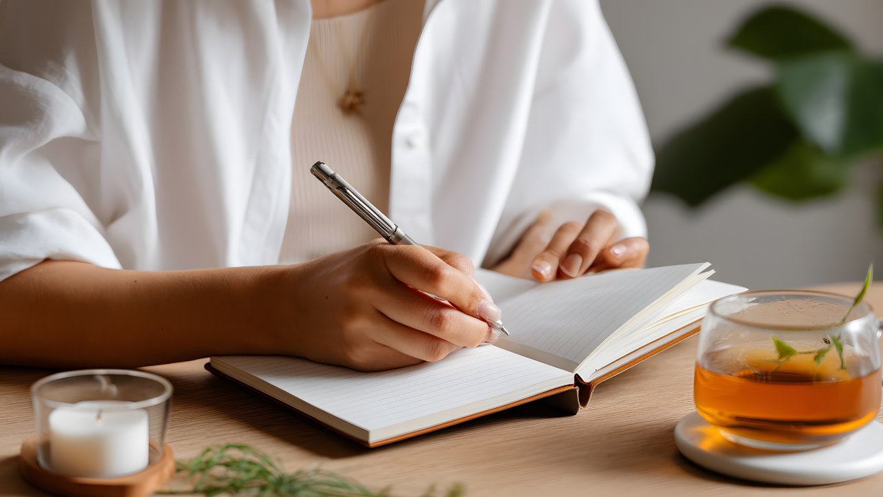 Woman writing in a notebook at a desk