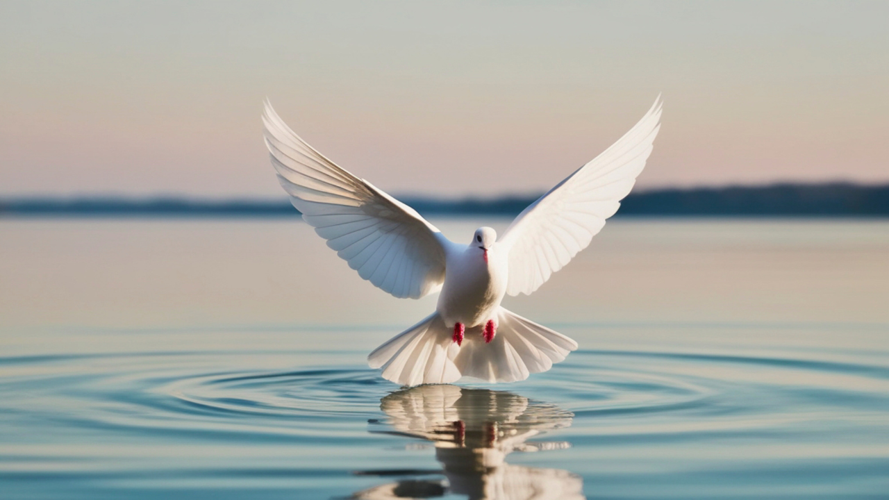 Dove gently landing on calm water, symbolising peace, reflection, and inner wisdom