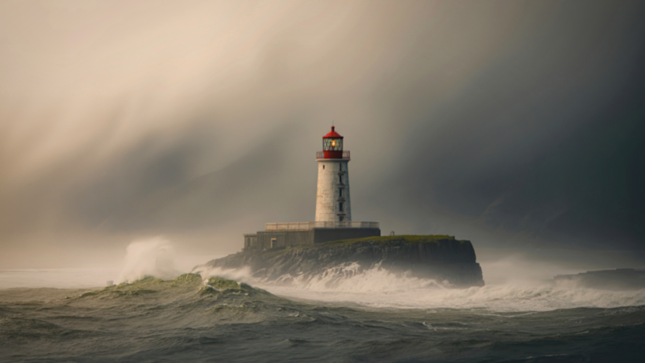 Lighthouse standing strong in stormy seas symbolising stability in uncertain markets
