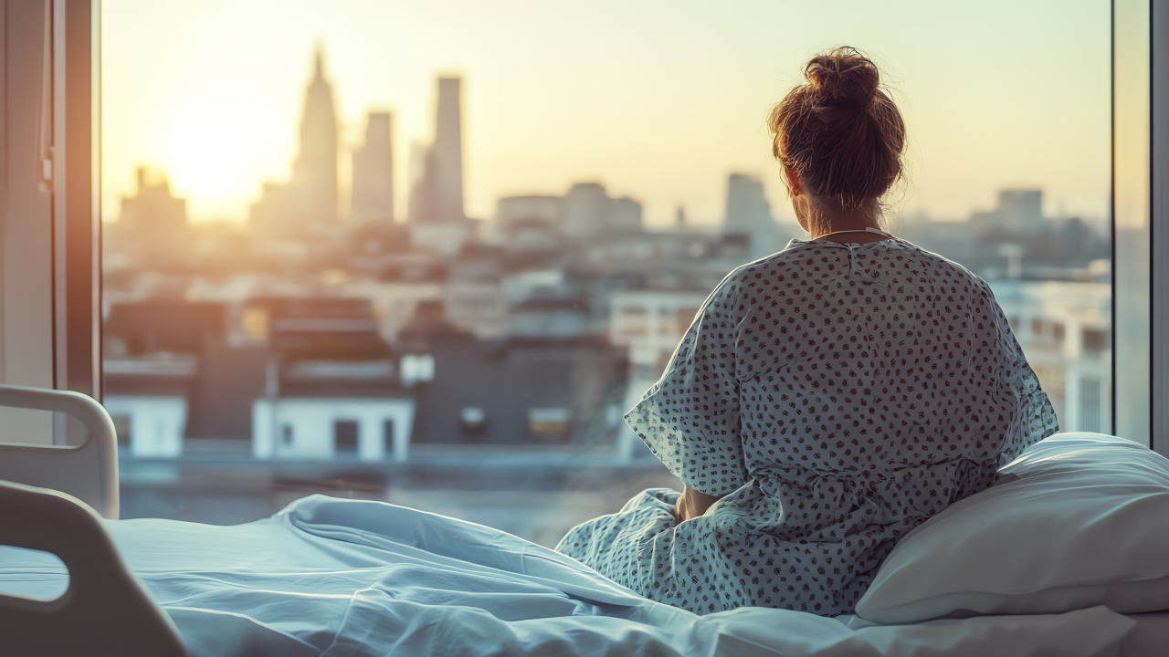 Woman sitting up in a hospital bed, gazing out the window.