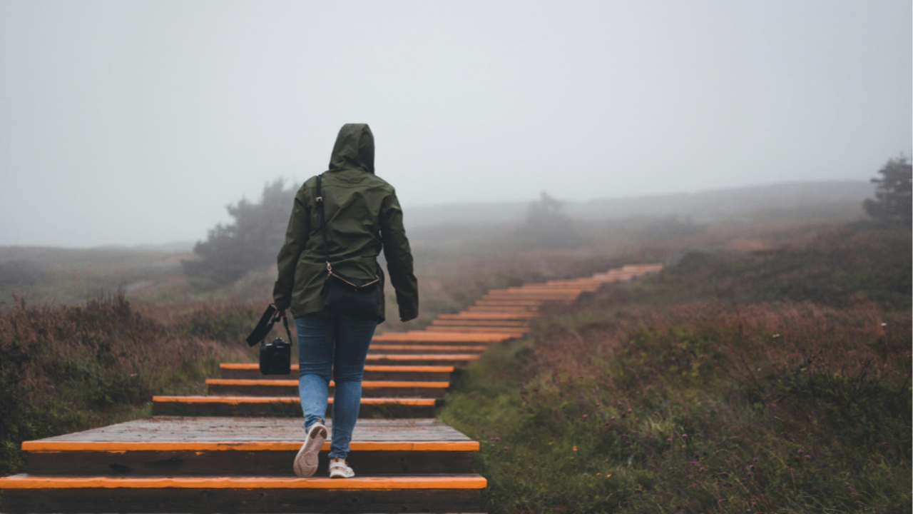 Back view of a person walking up steps, symbolising progress toward long-term financial goals