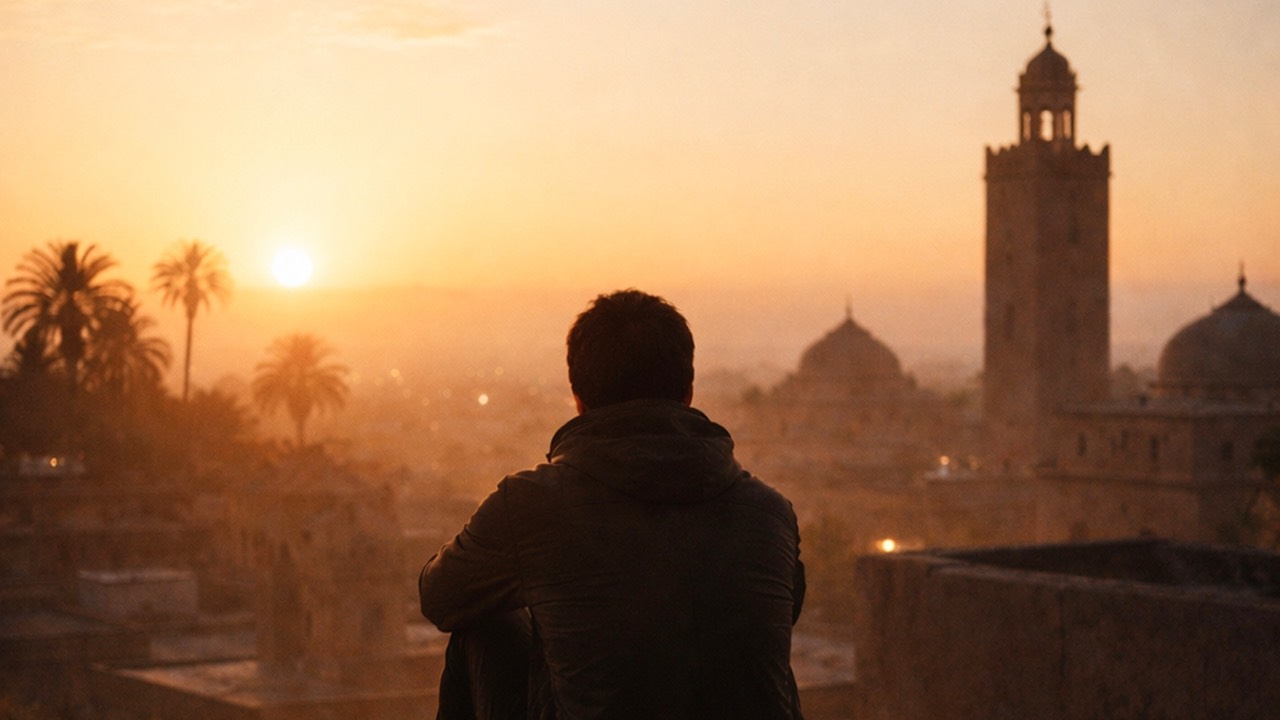 Silhouette en contemplation au lever du soleil à l’aube du Ramadan, symbolisant l’introspection et le self-leadership