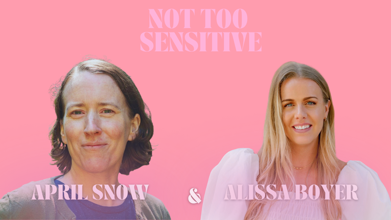 Heahshots of Alissa Boyer and April Snow Against a Pink Background the podcast title 