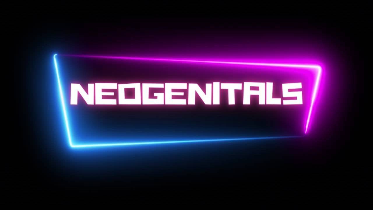 Neon word "Neogenitals" with pink and blue neon frame on black background.