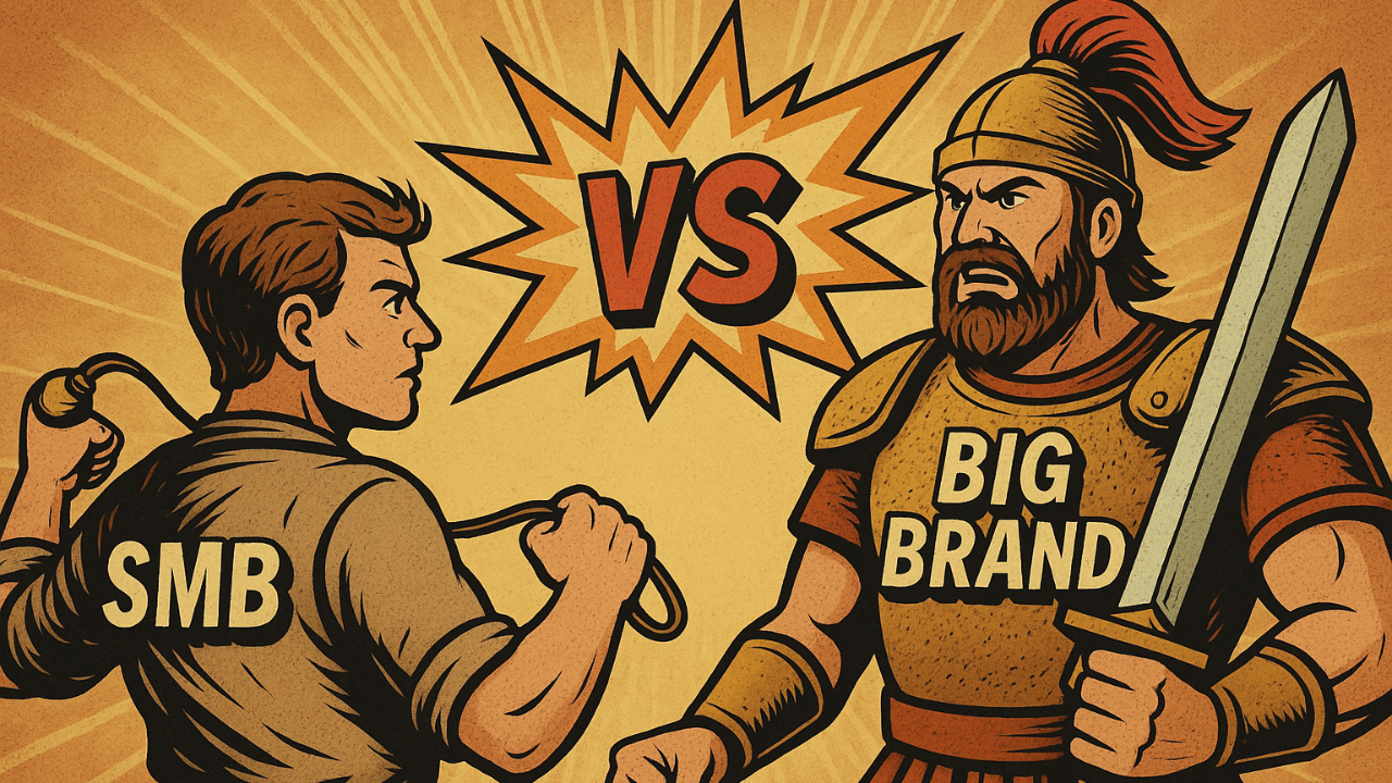 graphic novel style David vs Goliath imagery small business vs big brand