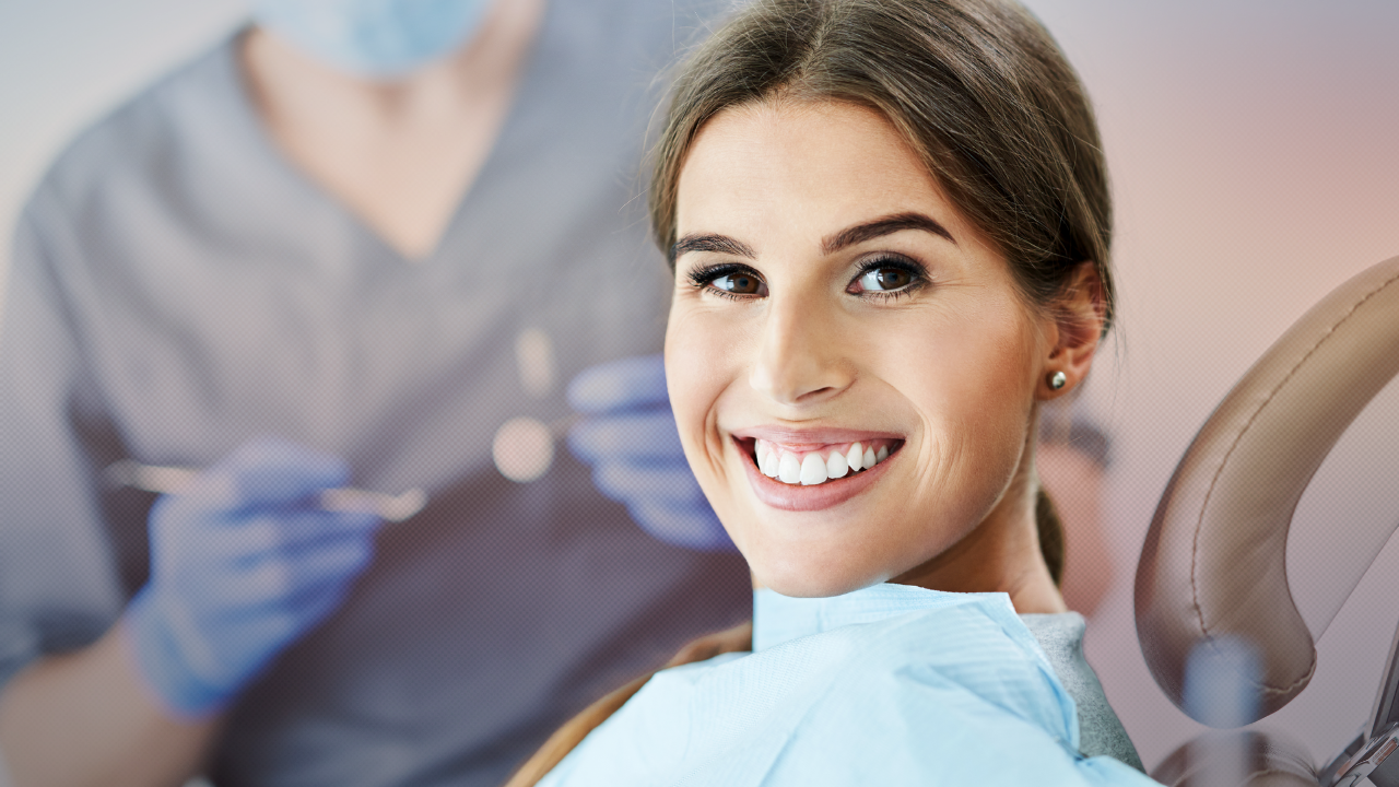 woman smiling at her dental hygiene appointment 