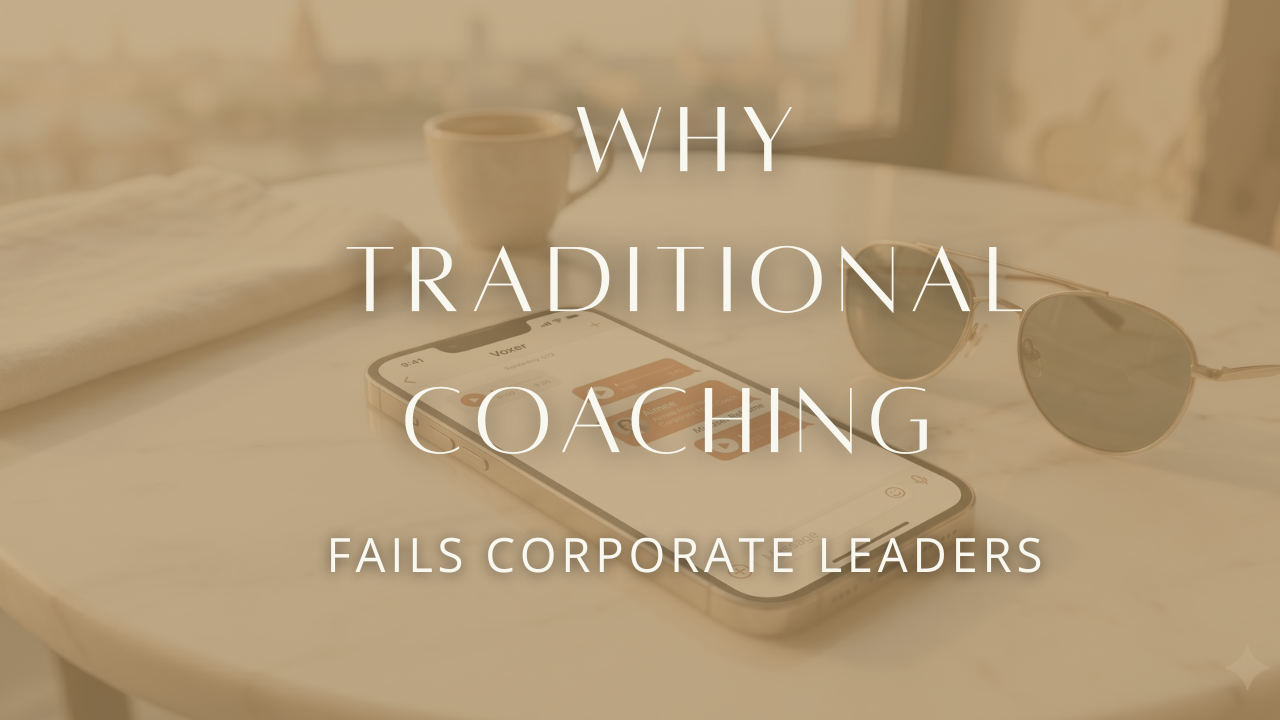 A minimalist close-up of a high-end smartphone resting on a marble café table next to a pair of luxury sunglasses. On the screen, a stylized 'Voxer' chat interface is visible, showing a back-and-forth exchange of voice clips. One clip is highlighted in terracotta with a caption that reads 'Mindset Reframe.'