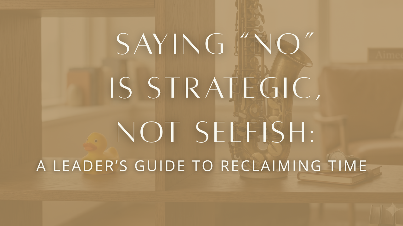 A minimalist, editorial-style photo of a high-end wooden shelf. On one side, a simple, elegant saxophone stands tall. On the other side, a single, bright yellow rubber duckie has been placed aside, out of the spotlight. The image symbolizes choosing meaningful work over distractions.