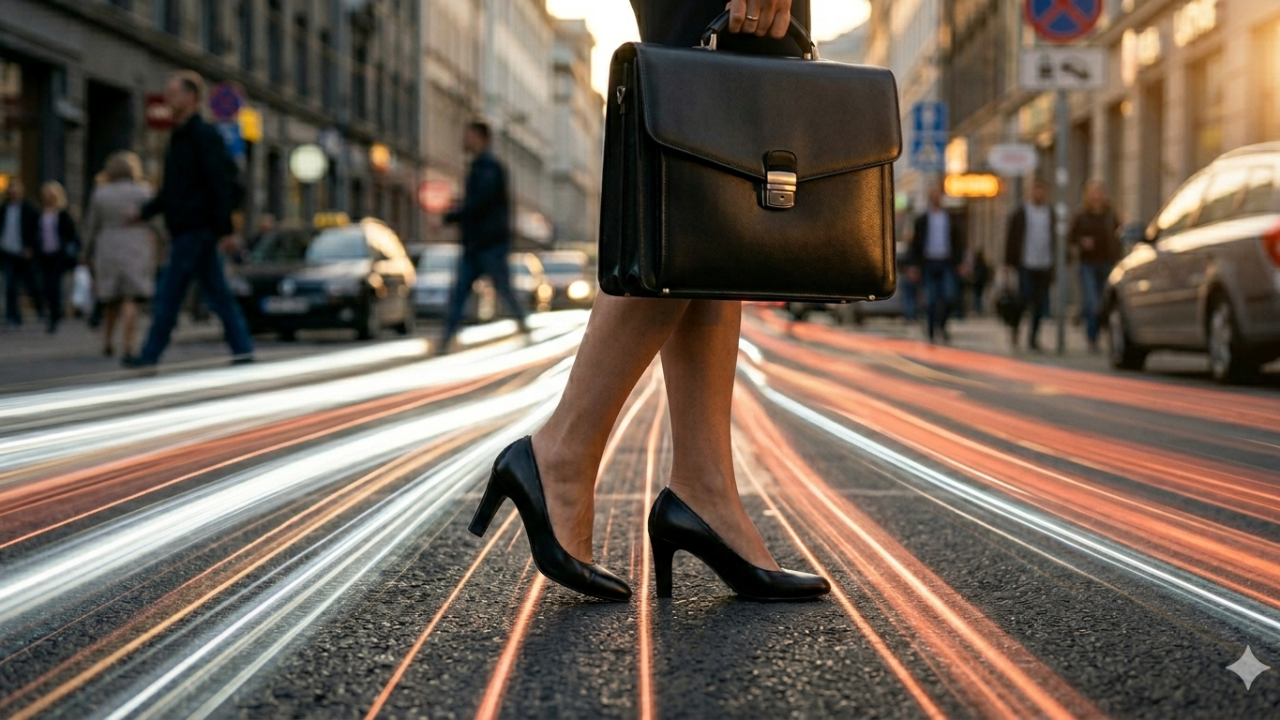 An abstract image representing speed and clarity. A blurred city street at twilight with streaks of white and terracotta light moving forward. In sharp focus in the foreground is a pair of professional heels or a stylish briefcase, stepping forward. The image symbolizes 'moving in the direction that feels aligned.' Cinematic and high-authority. no text is on the image.