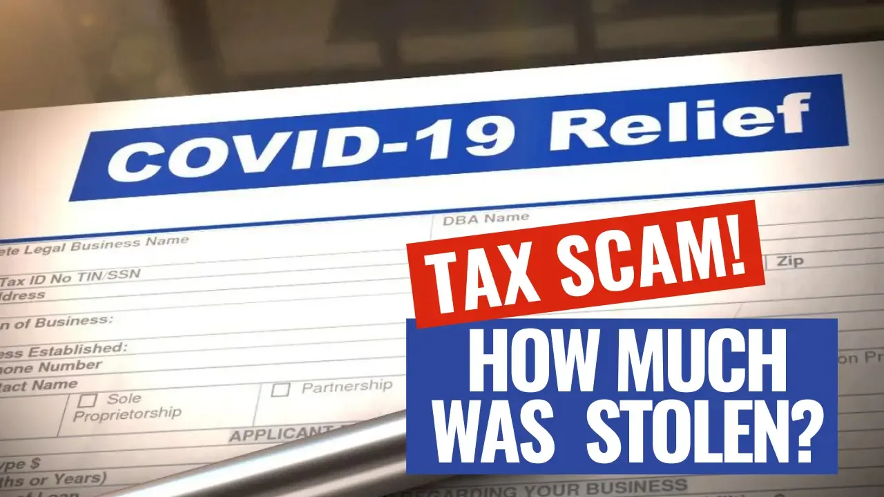 Image of a covid relief application with the tax overlay that says "Tax Scam! How much was stolen?"