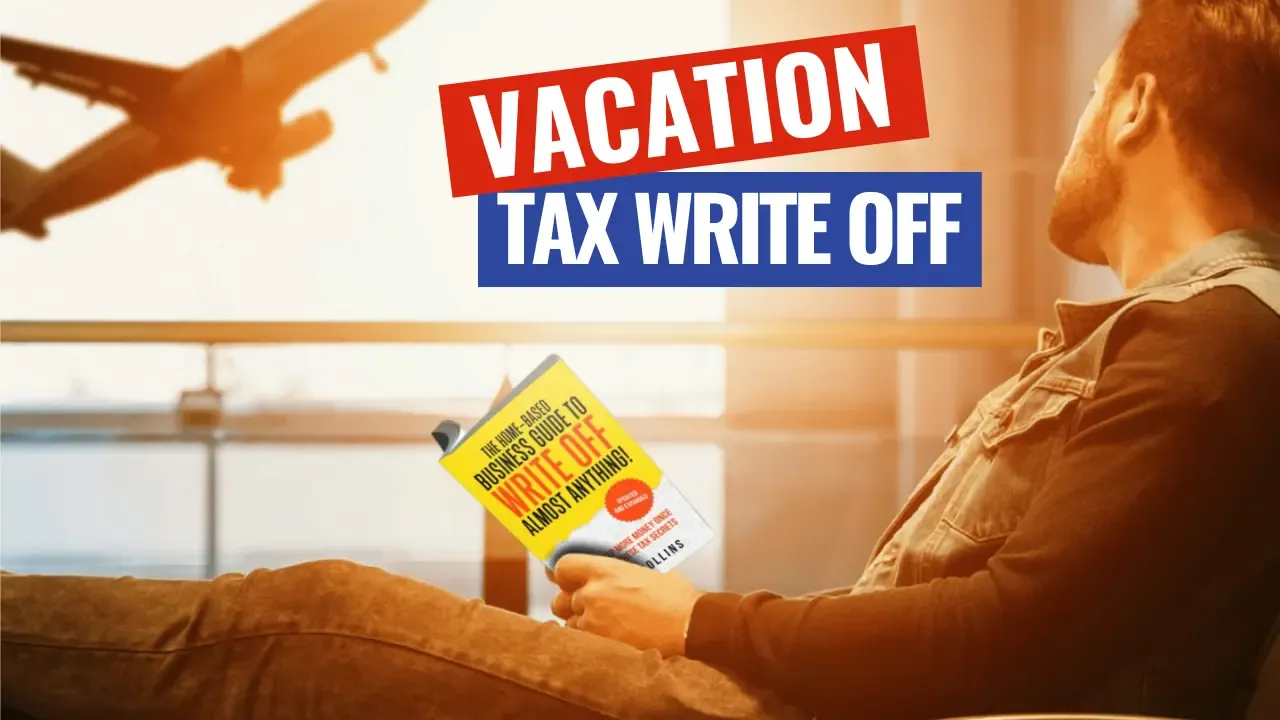 Man sitting in a chair at the airport looking out the window as a plane take off, while holding a copy of the book 'The Home-Based Business Guide to Write Off Almost Anything' with the tax overlay that says Vacation Tax Write Off