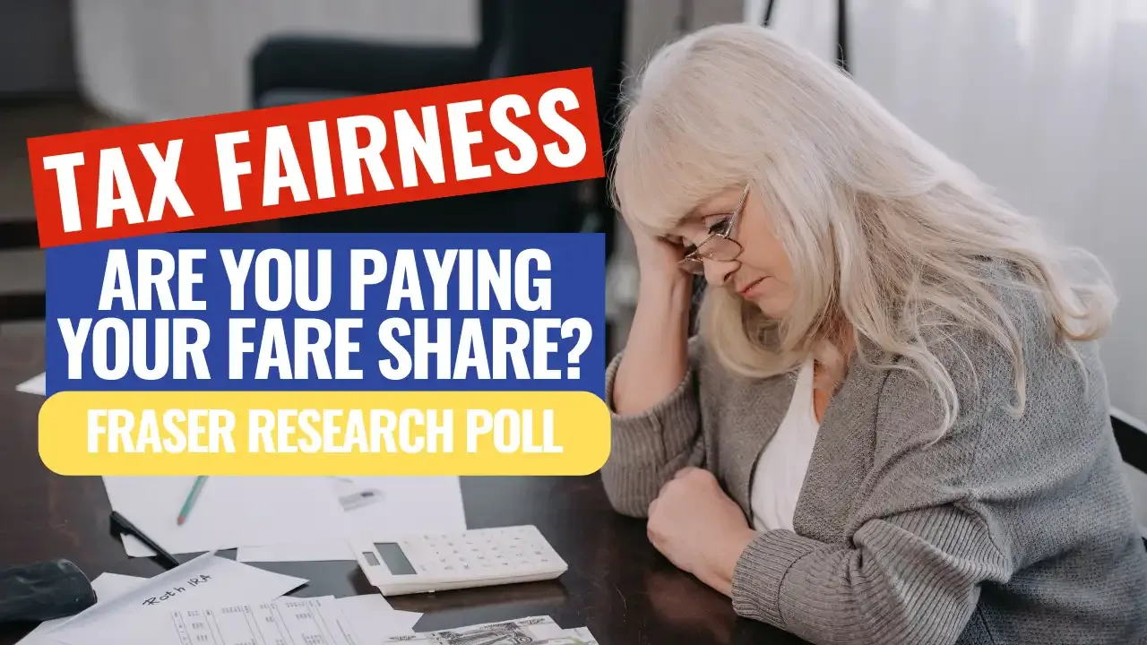 Stressed woman sitting at desk, reviewing taxes and bills, with text overlay 'Tax Fairness: Are You Paying Your Fair Share? Fraser Institute Study'.