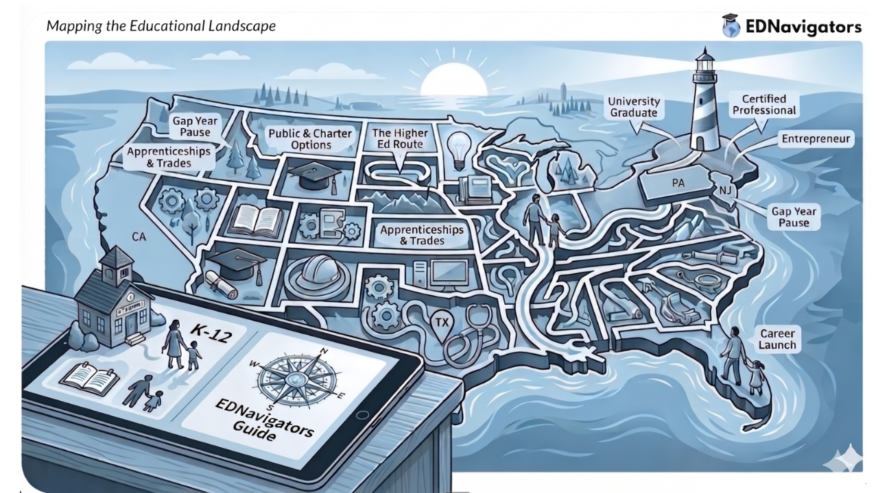 An illustrated map of the United States showing various educational pathways including K-12, college, and apprenticeships, representing the work of an educational architect.