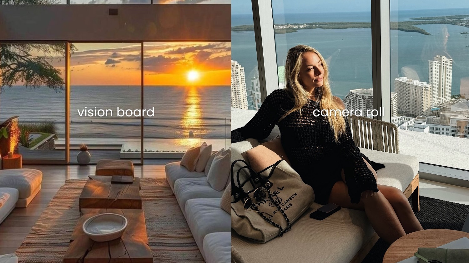 Brittany Arnason's vision board pick of a room with a big window of a great view next to a picture of her next to a big window with a great view.