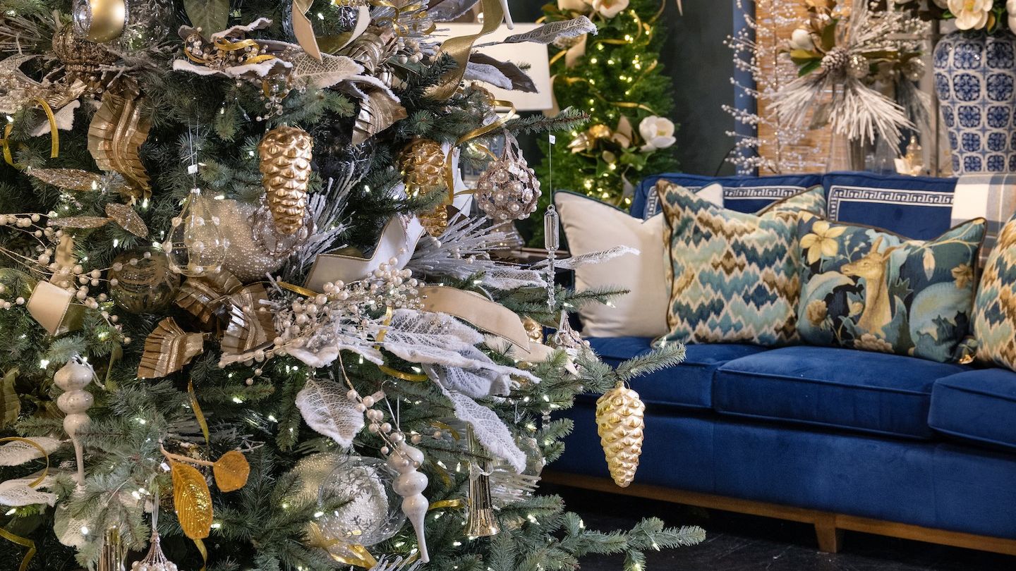 christmas tree with blue sofa