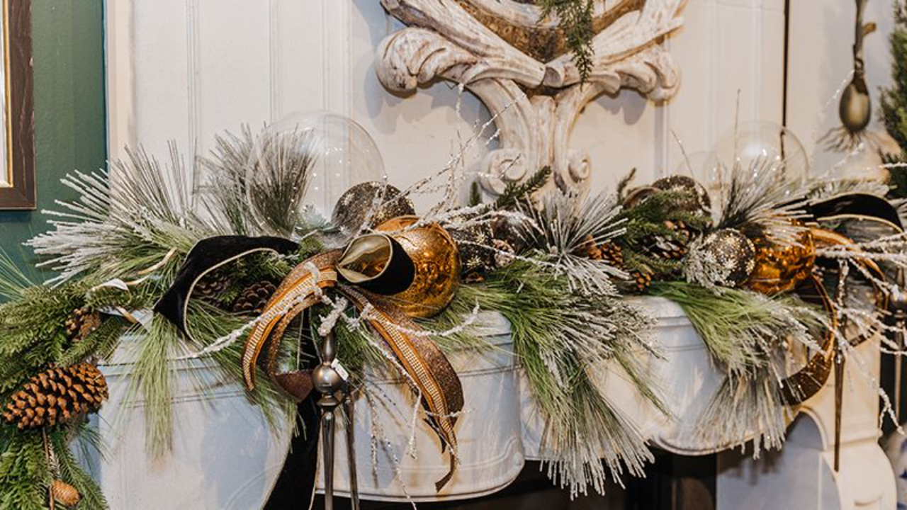 flocked christmas tree with blue sofa and pillows