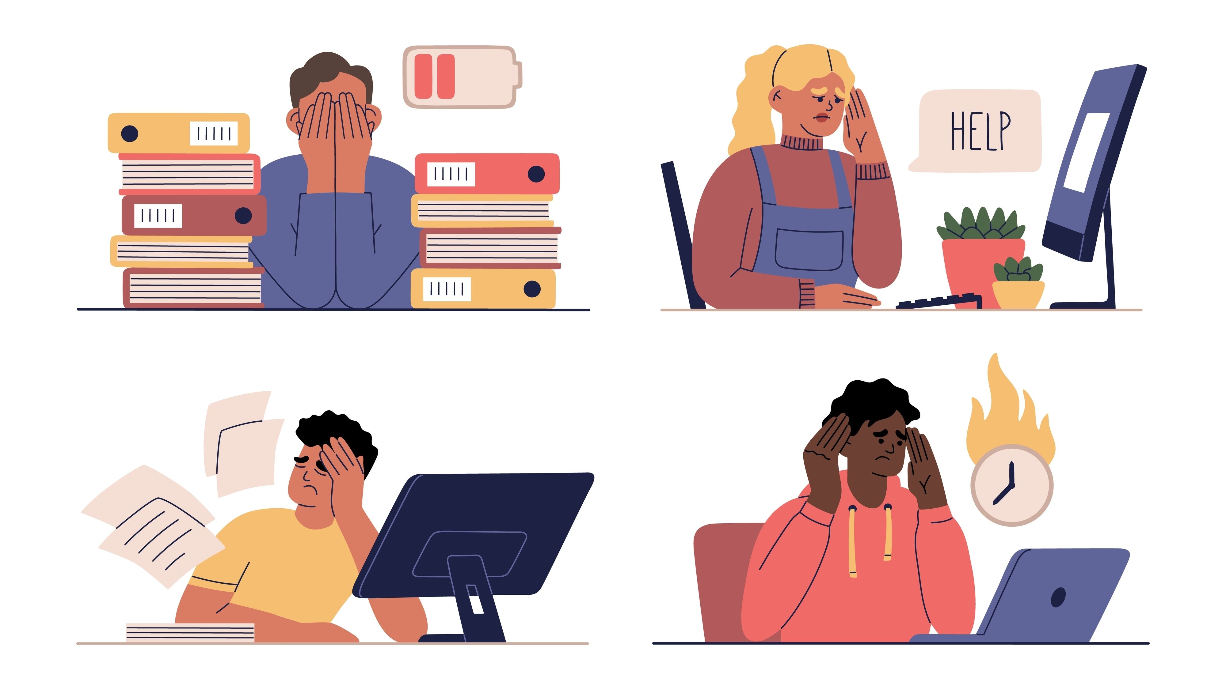 Frustrated managers at their books and computers