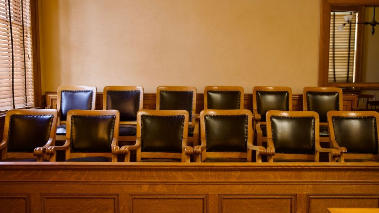 Empty jury bench in a courtroom