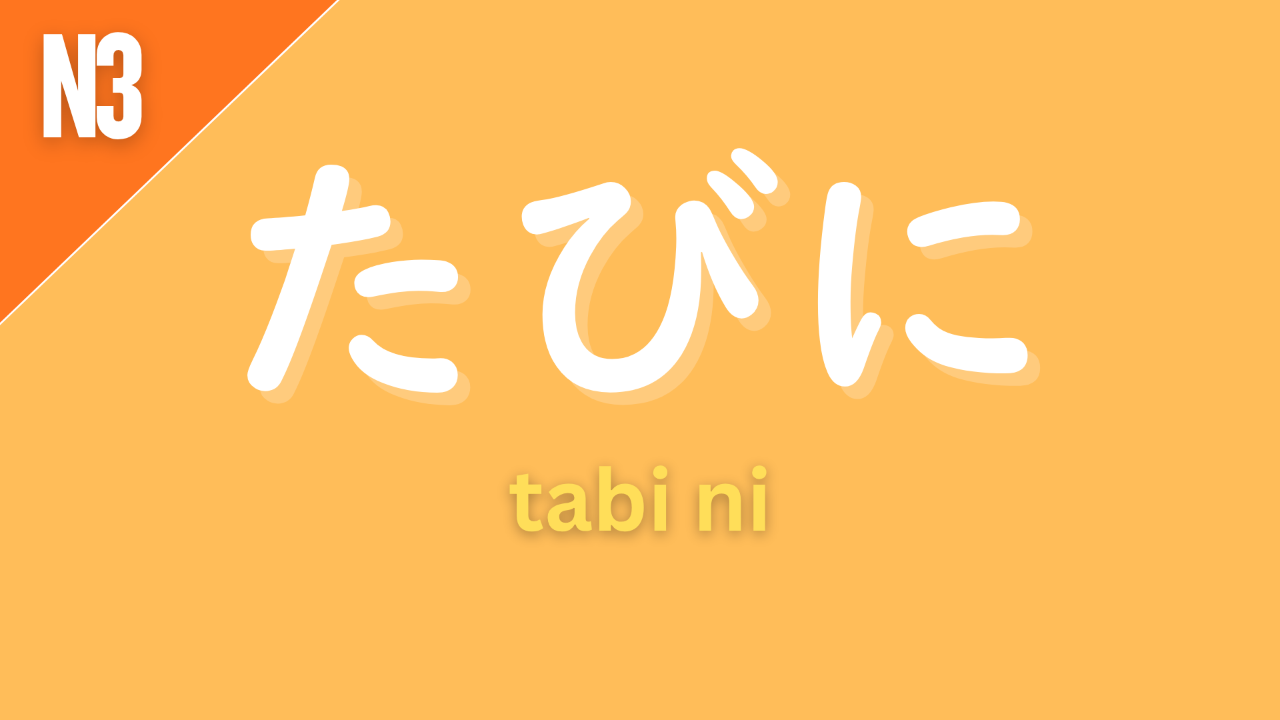 Japanese grammar pattern “〜たびに” (tabi ni) labeled N3 on an orange background, used to mean “every time” something happens.