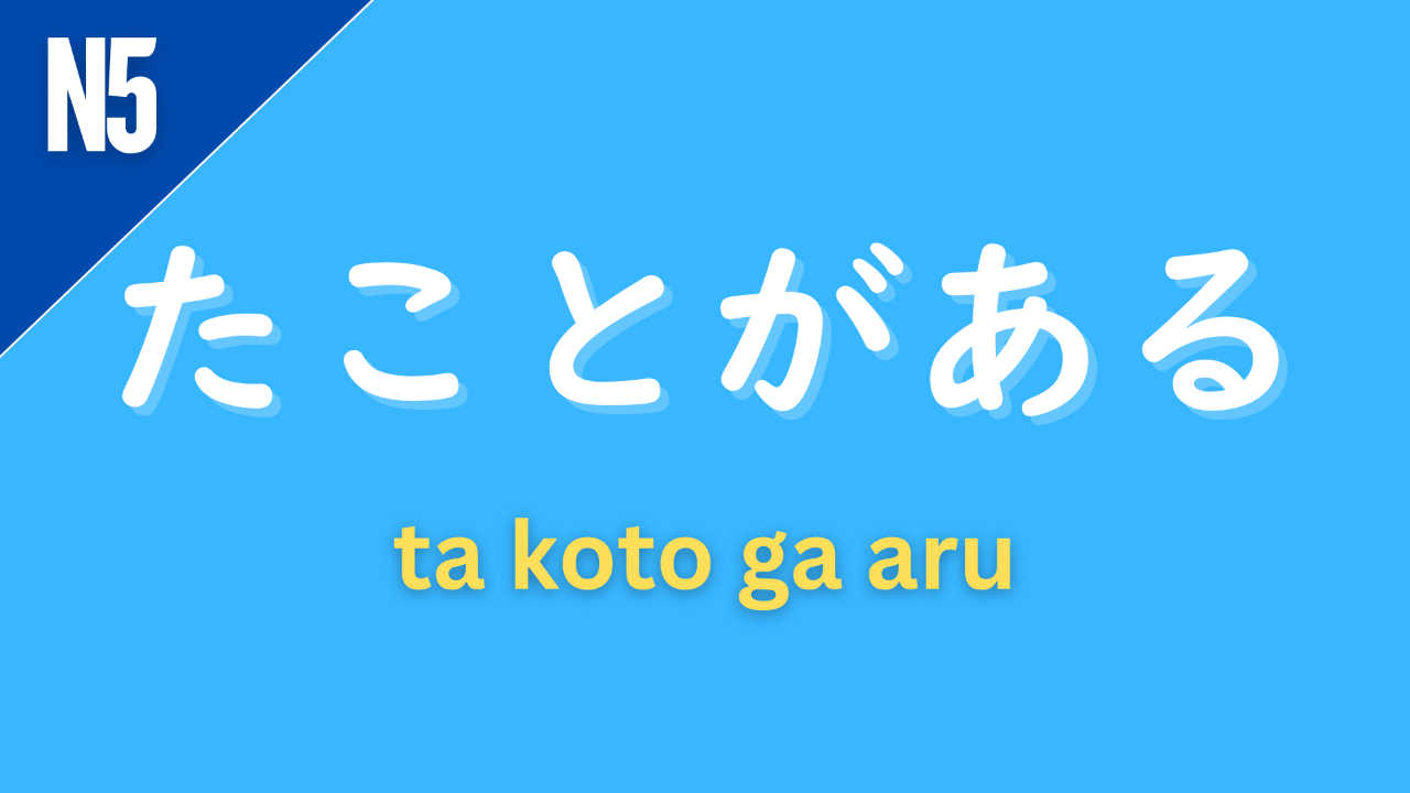 Japanese grammar pattern “〜たことがある” (ta koto ga aru) labeled N5 on a blue background, used to express past experience, meaning “have done something before.”