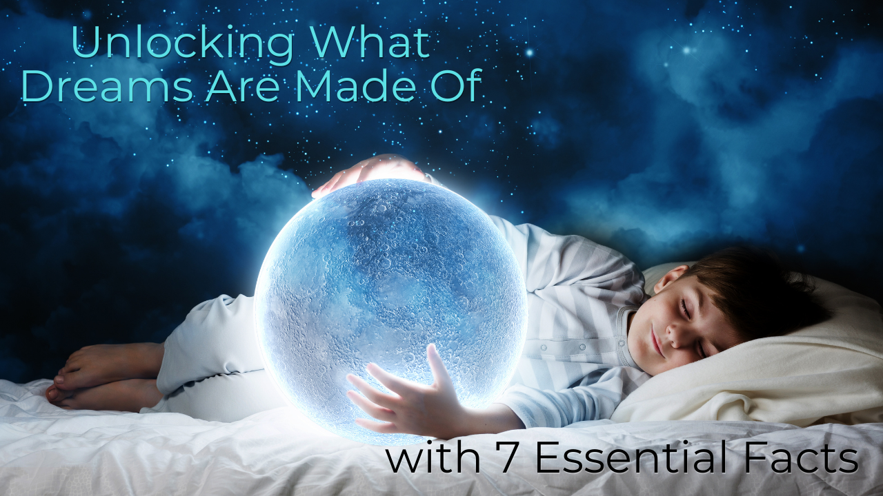 A young boy lying asleep in bed holding a glowing sphere, space and stars in the background