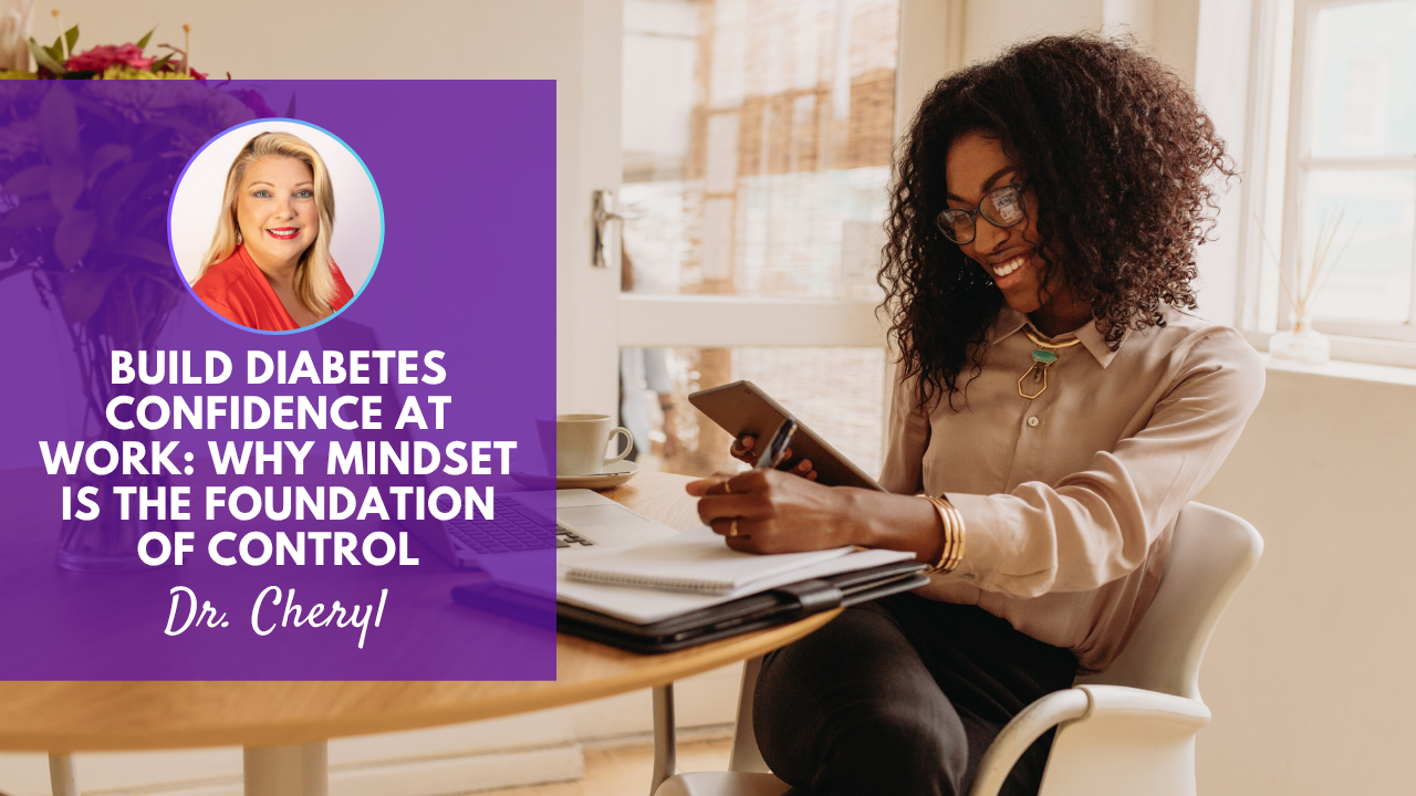 Professional woman with diabetes working at her desk, calmly checking glucose and staying focused — representing confidence, balance, and healthy mindset at work.