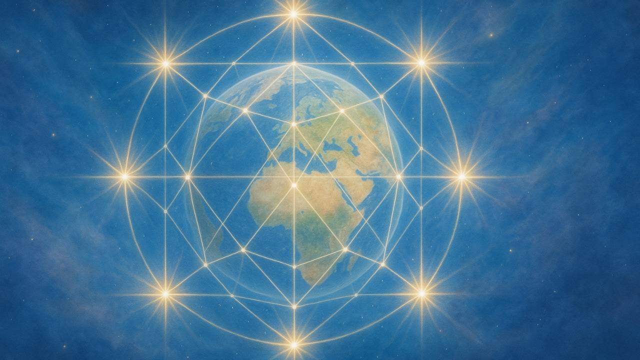 the Earth overlaid with the Crystalline Grid