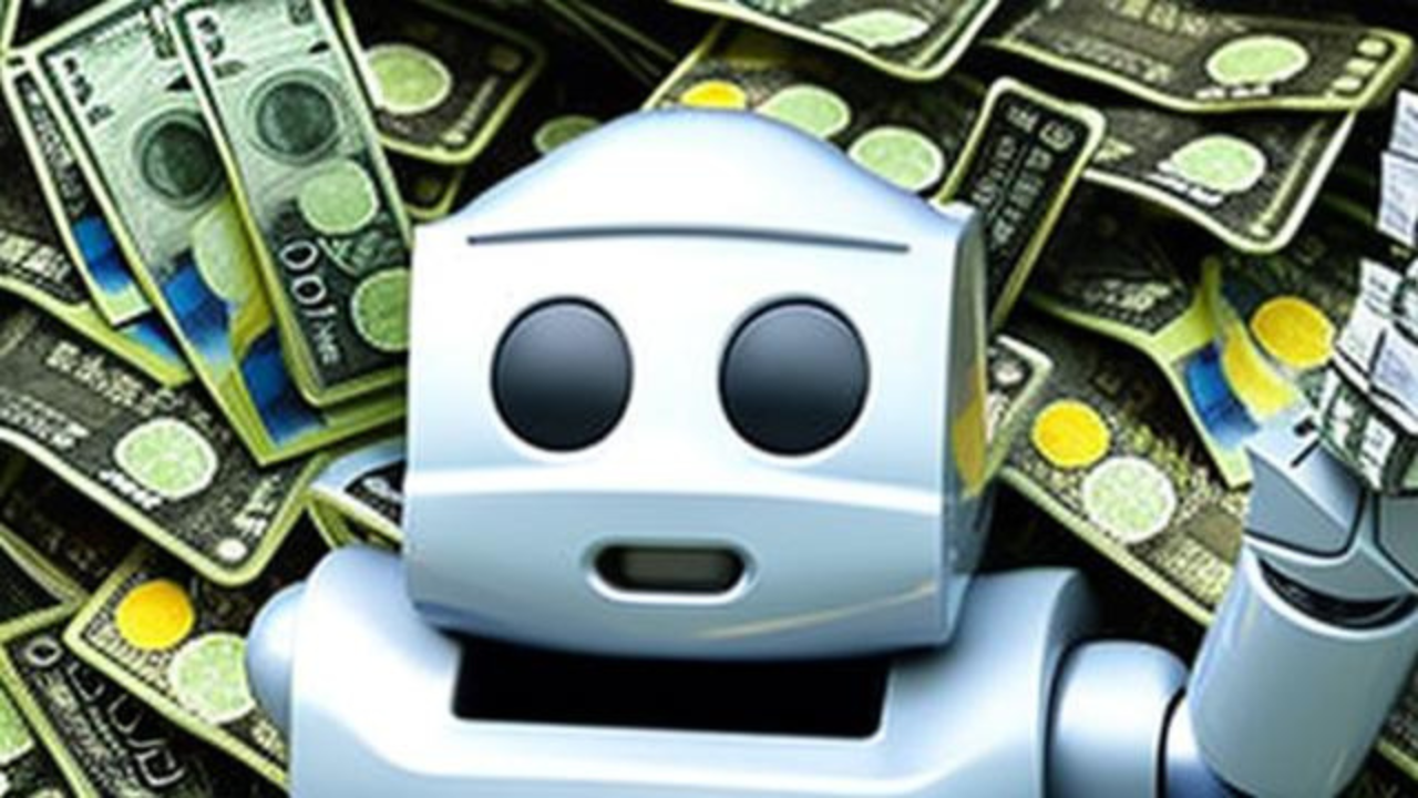 A robot with lots of money (paper cash and coins) in the background.