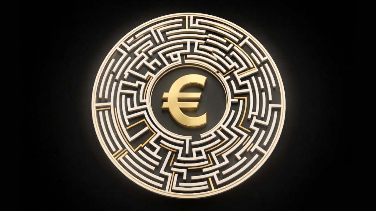 Labyrinthe circulaire blanc en vue 3D sur fond noir profond, avec au centre un symbole euro doré brillant posé sur un socle. Le rendu est cinématographique, avec des contrastes marqués et un éclairage dramatique qui met en valeur le design minimaliste et le thème de la richesse, de la liberté financière et de l'argent