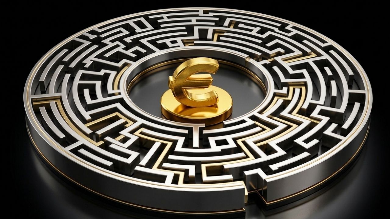 Labyrinthe circulaire blanc en vue 3D sur fond noir profond, avec au centre un symbole euro doré brillant posé sur un socle. Le rendu est cinématographique, avec des contrastes marqués et un éclairage dramatique qui met en valeur le design minimaliste et le thème de la richesse, de la liberté financière et de l'argent