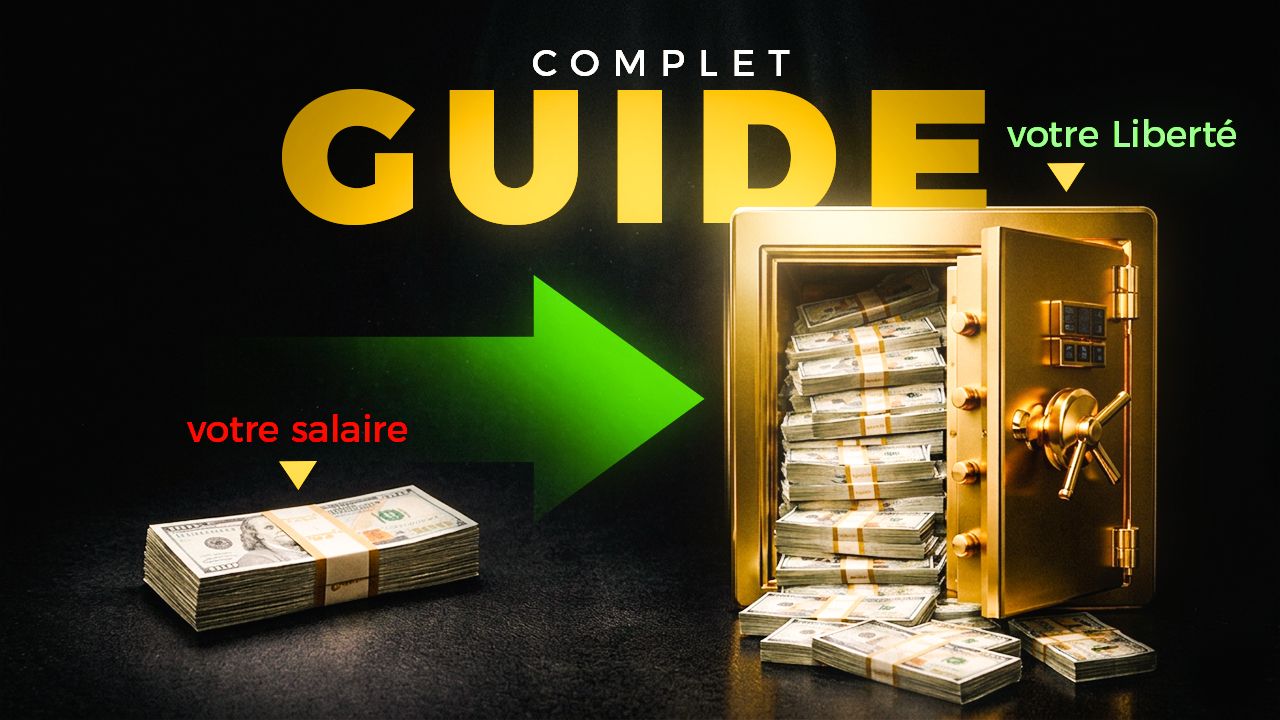 Guide complet pour la liberté financière : illustration d'un salaire transformé en coffre-fort rempli de billets