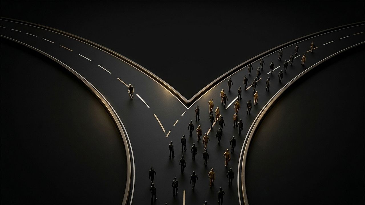 Une illustration conceptuelle en 3D haut de gamme présentant une vue plongeante sur une bifurcation routière en forme de "Y". L'image adopte une palette de couleurs élégante et minimaliste, composée de noir profond, de blanc pur et d'or brossé