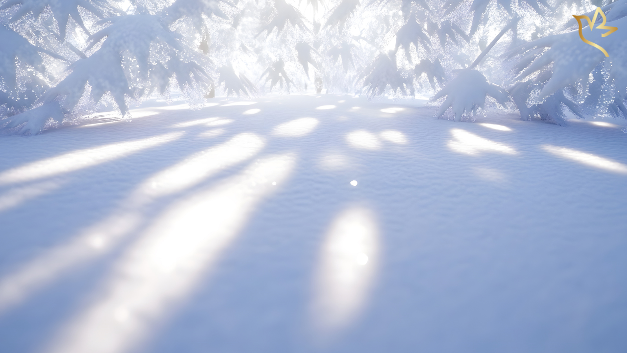 Soft sunlight streaming through snow-covered pine trees, casting long shadows across a peaceful white forest floor — symbolizing quiet reflection, healing, and renewal after the holidays.