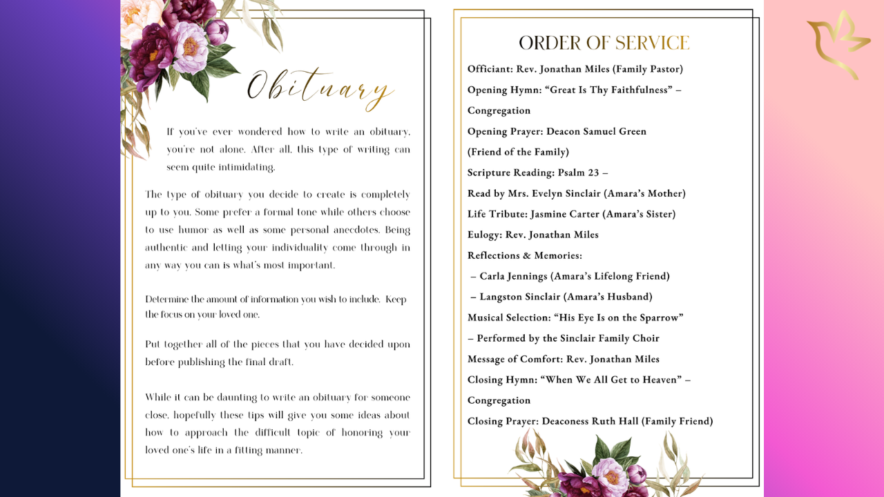 Example funeral program pages showing an obituary layout and order of service design with floral accents and elegant gold borders.