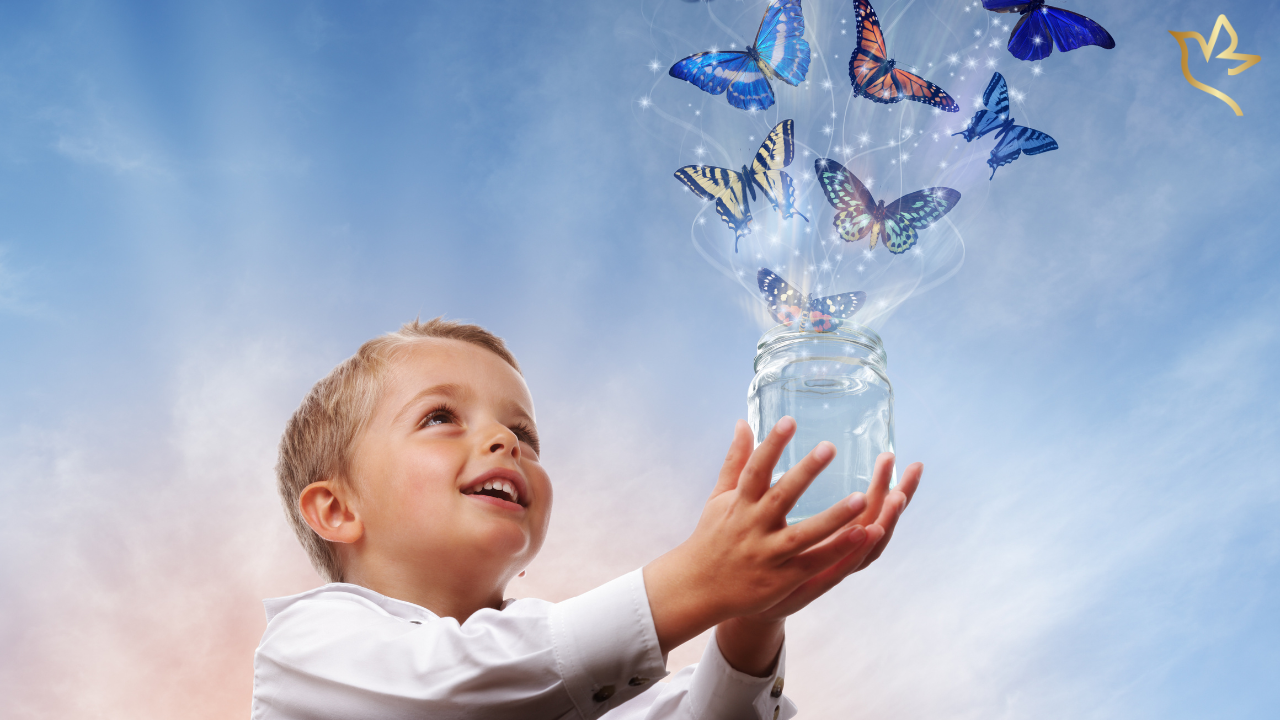 A young child holds a glass jar toward the sky as glowing butterflies float upward, symbolizing love, release, and remembrance during a pet memorial ceremony.