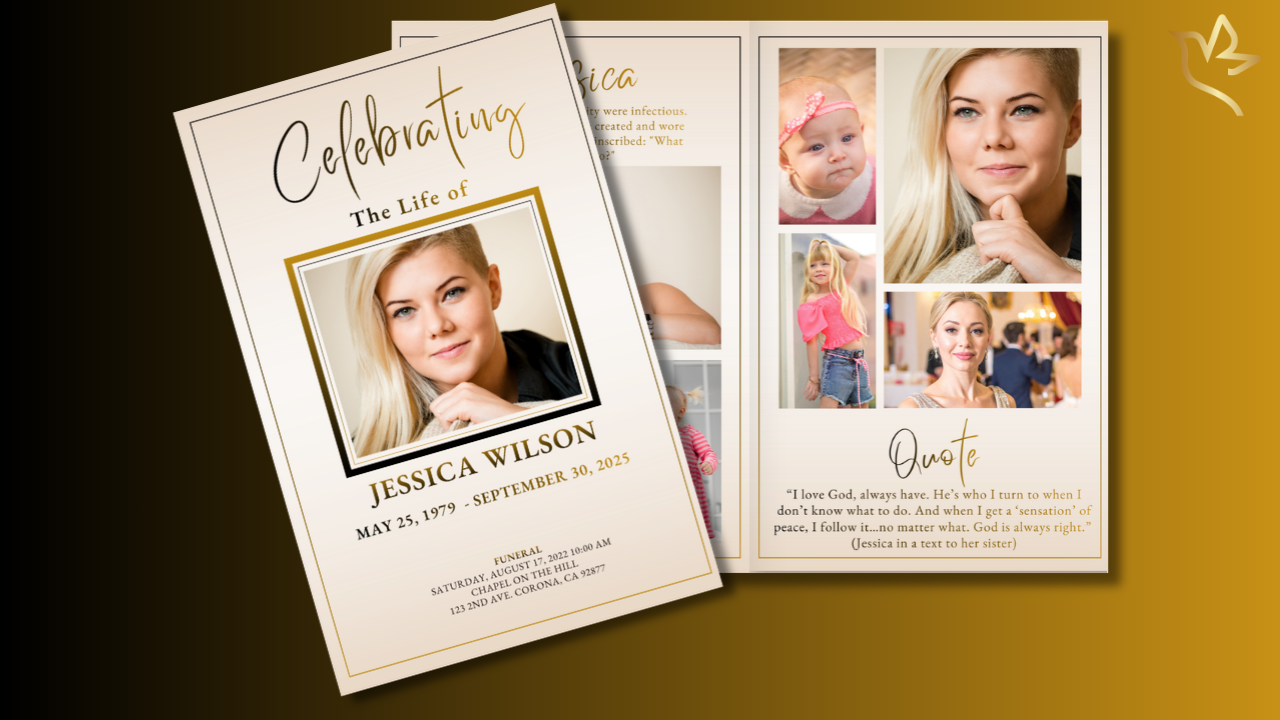 Funeral program booklet layout showing order of service, obituary, photos, and memorial design elements