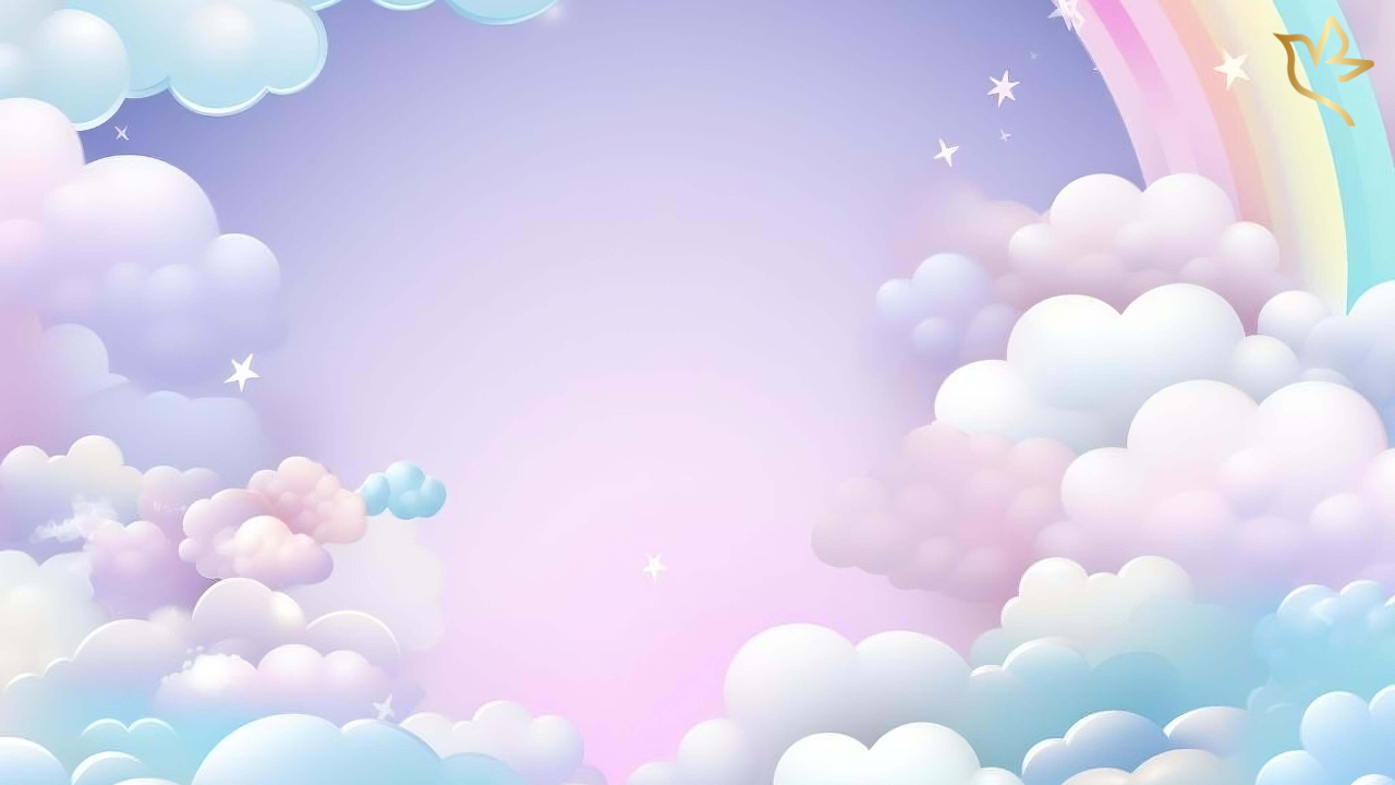 Soft pastel sky filled with gentle clouds, small stars, and a rainbow arching across the upper corner, creating a peaceful and comforting rainbow bridge scene symbolizing hope, remembrance, and eternal love for a beloved pet.