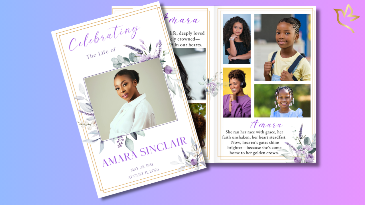 Elegant floral funeral program template titled “Celebrating the Life of Amara Sinclair” with lavender flowers, gold borders, and photo collage pages designed to honor a beloved woman.