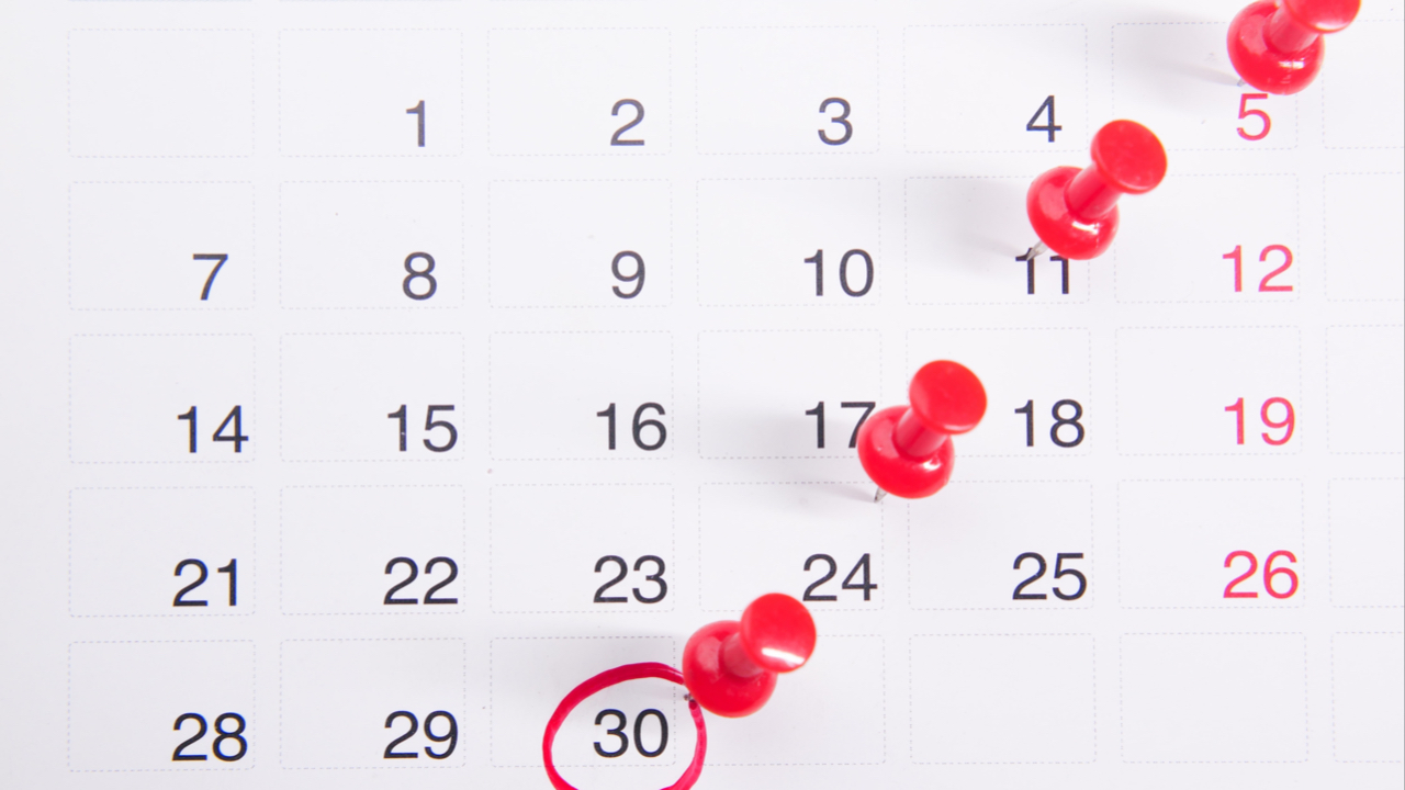 Monthly calendar with days off marked by a red thumbnails. 