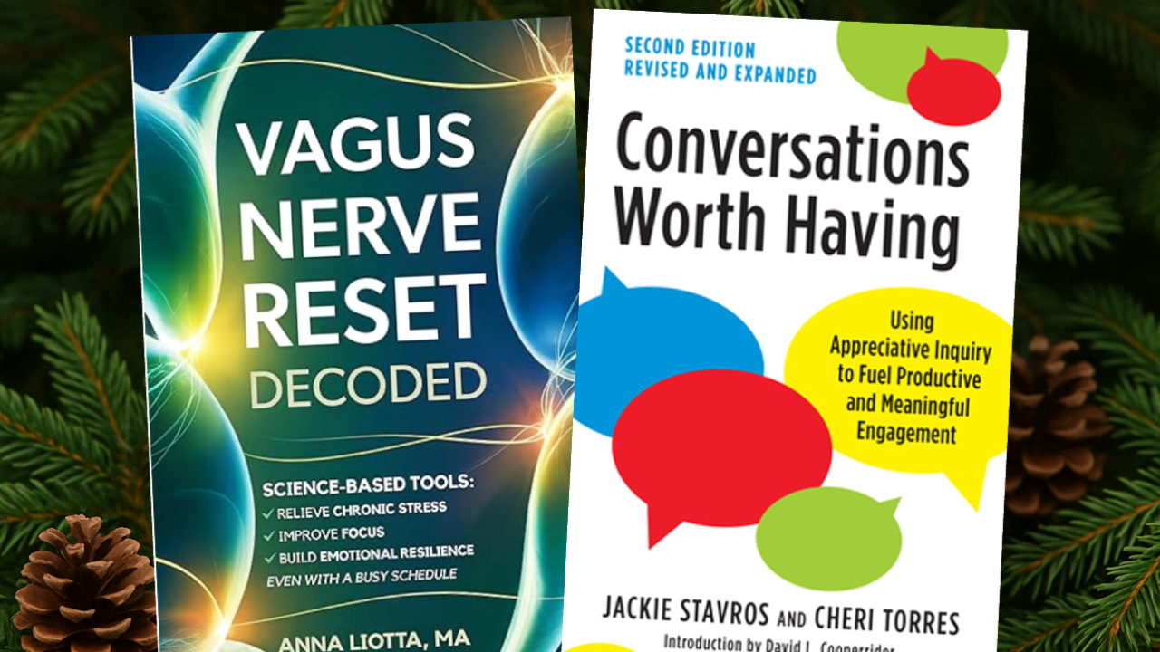 Book covers for Vagus Nerve Reset Decoded and Conversations Worth Having with pine boughs and cones in the background