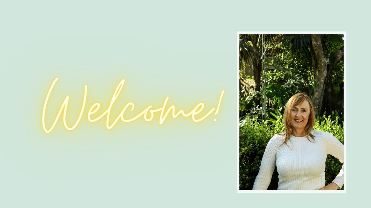 green background glowing yellow word welcome and woman with long hair smiling in garden