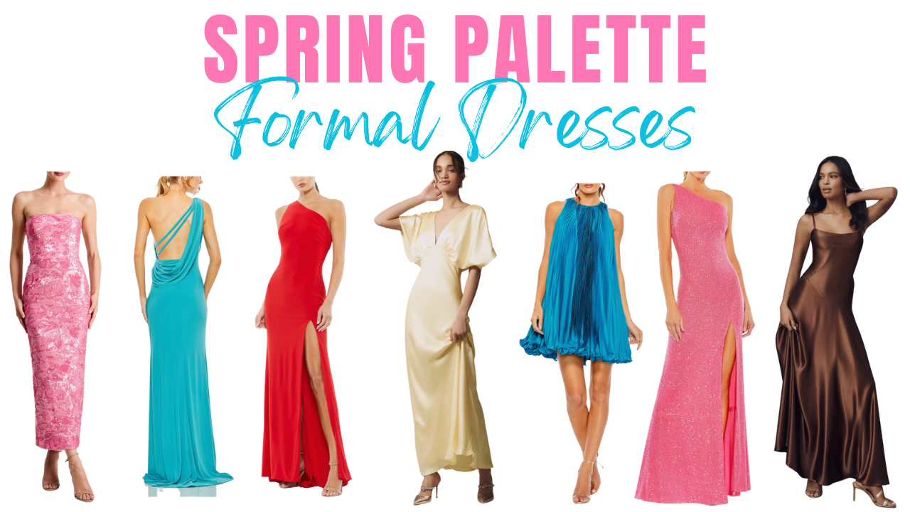 poppy red, aqua, yellow formal dresses for spring palettes